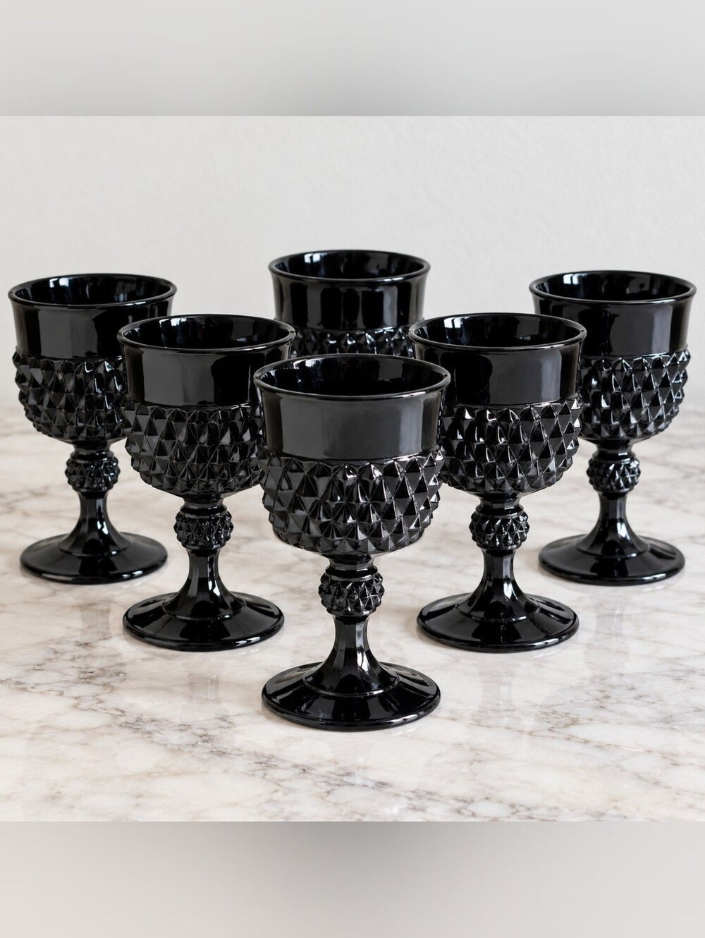 7 Tiara Indiana Glass Cameo Black Diamond Point Gothic Goblets Halloween 5.25"